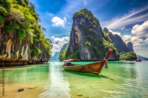 A traditional wooden longtail boat floats on clear turquoise water, surrounded by lush limestone cliffs under a bright blue sky—an inviting scene that captures the essence of tailor-made Thailand holidays.