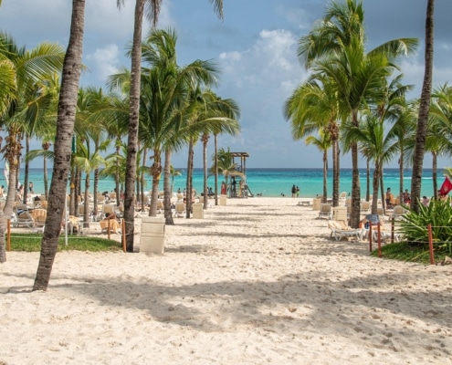A sandy beach lined with palm trees and loungers, with people relaxing near the blue sea under a partly cloudy sky. A lifeguard tower is visible in the distance near the shoreline.